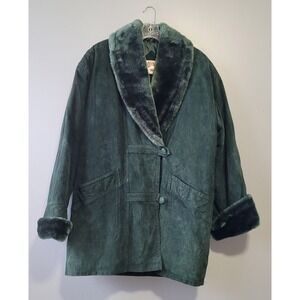 R&R Women's Green Leather Suede Winter Jacket Faux Fur Trim Nylon Lining